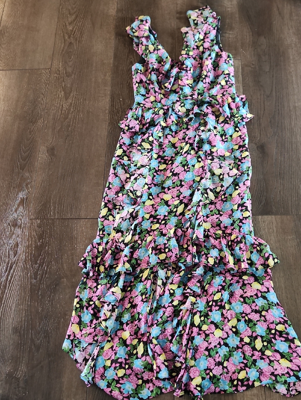 AMUR Evita Floral Printed Silk V Neck Midi Ruffled Dress Size 6